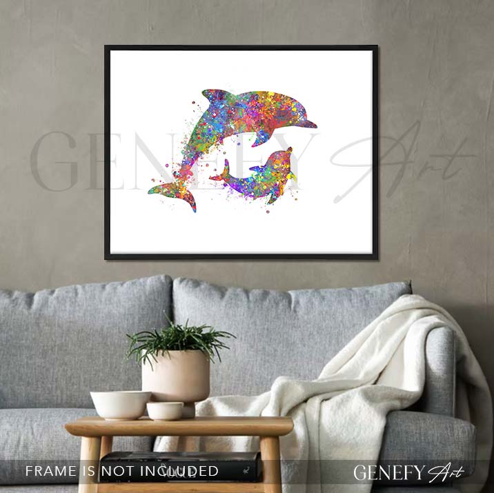 Dolphin Mother and Baby Watercolour Print
