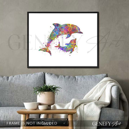 Dolphin Mother and Baby Watercolour Print