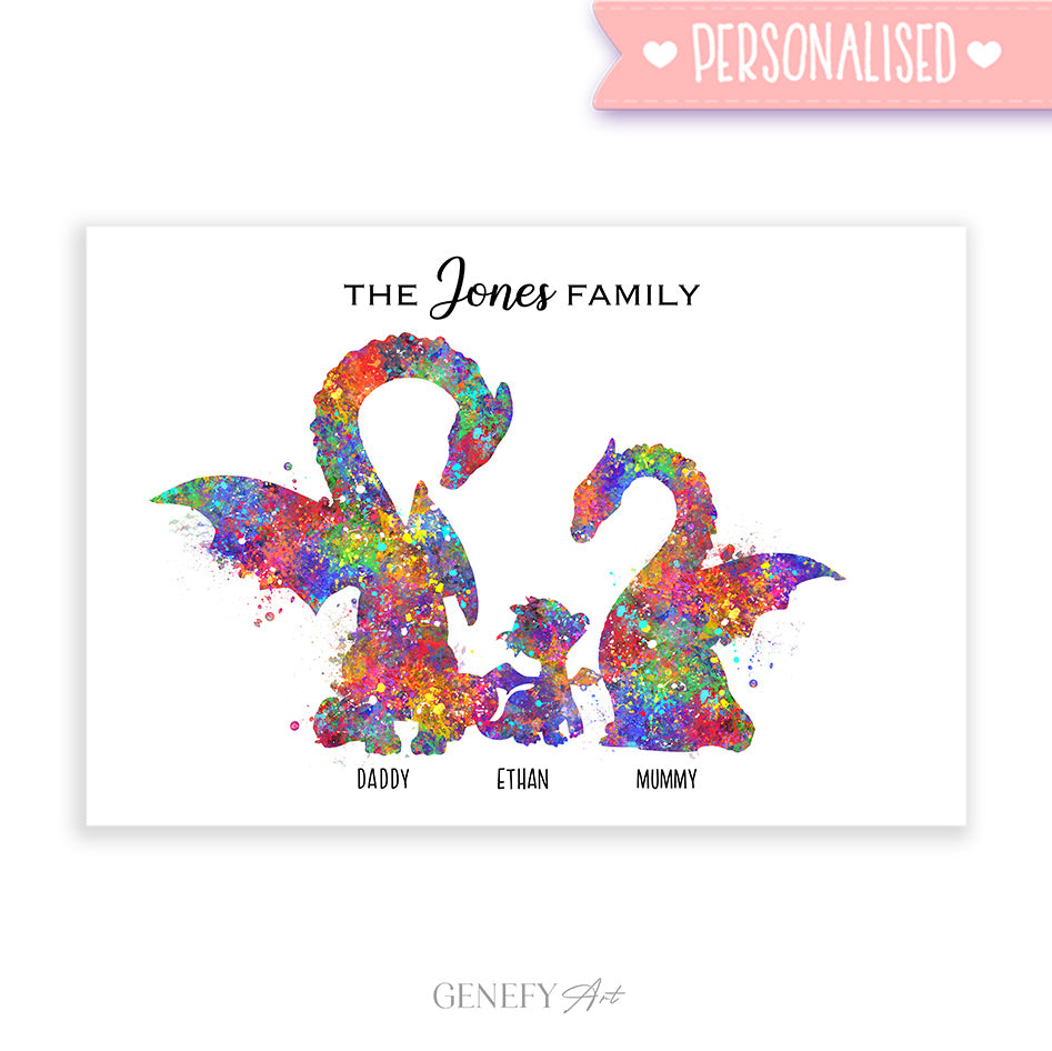 Personalised Dragon Family Of 3 Watercolour Art Print