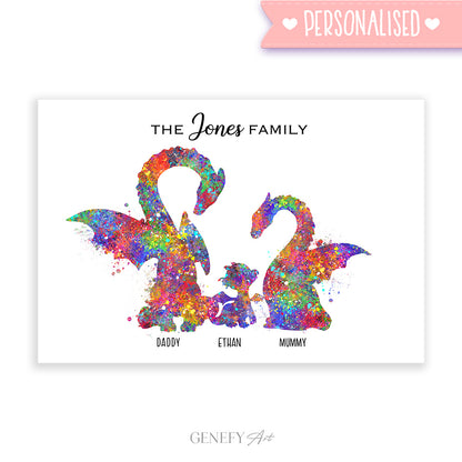 Personalised Dragon Family Of 3 Watercolour Art Print