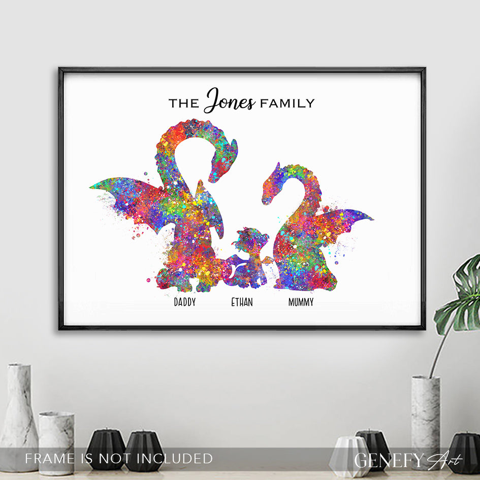 Personalised Dragon Family Of 3 Watercolour Art Print