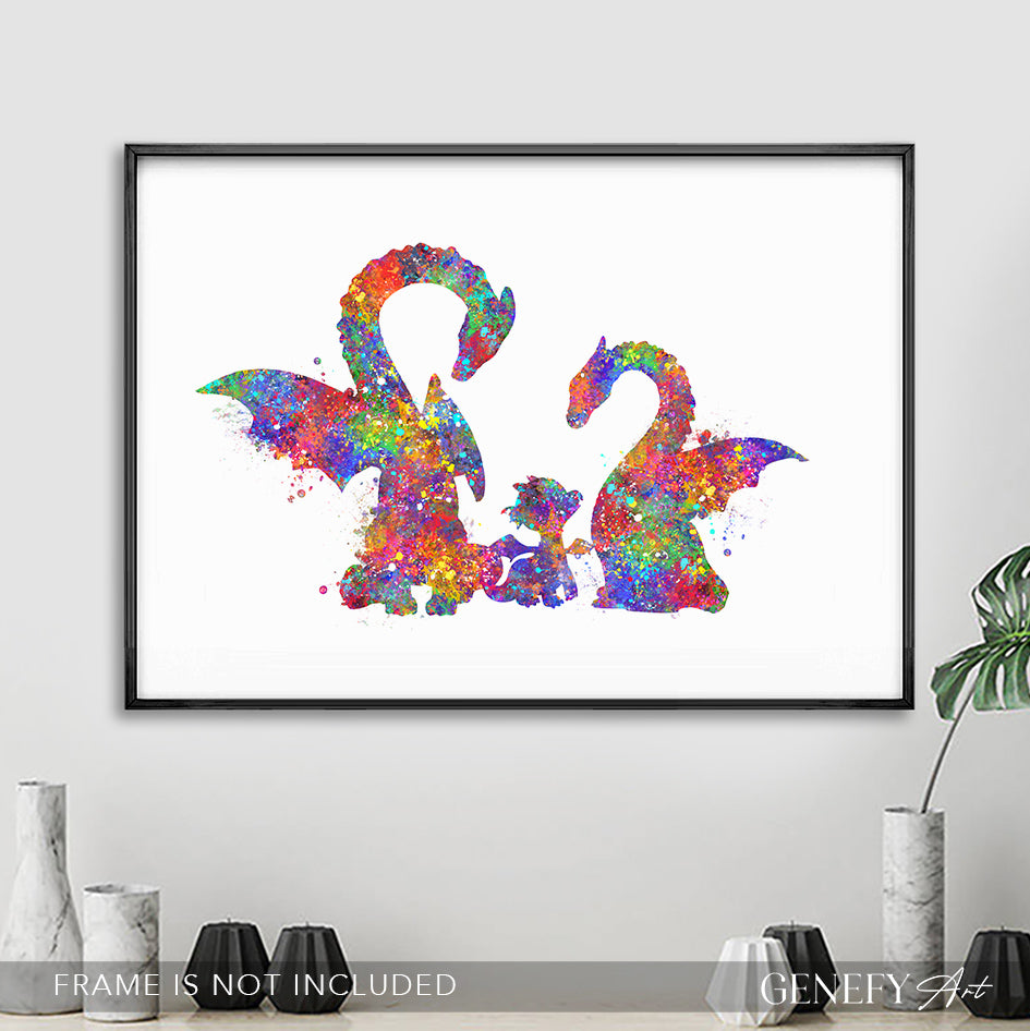 Dragon Family of 3 Watercolour Art Print