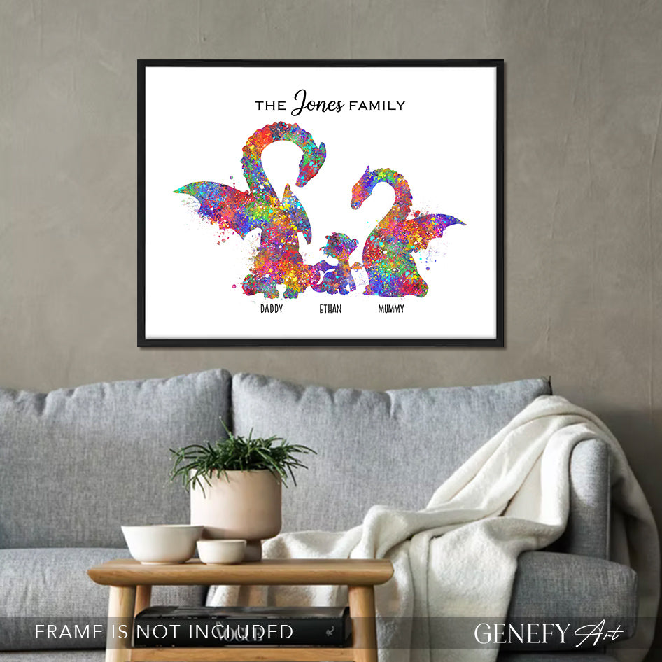 Personalised Dragon Family Of 3 Watercolour Art Print