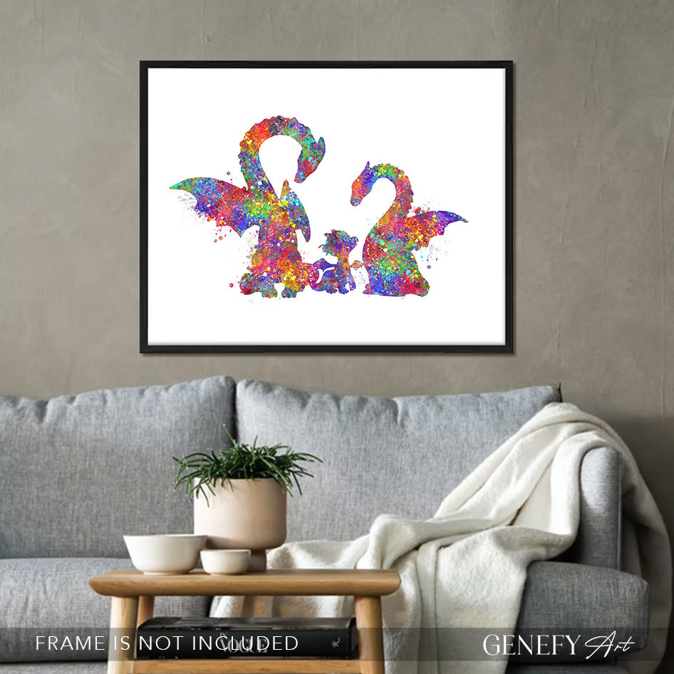 Dragon Family of 3 Watercolour Art Print