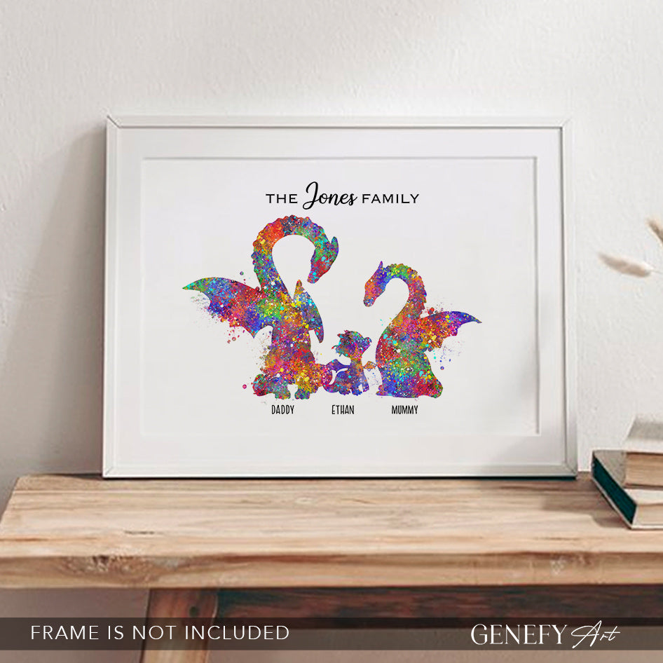 Personalised Dragon Family Of 3 Watercolour Art Print