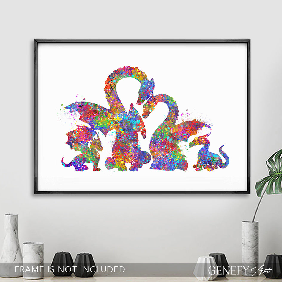 Dragon Family of 4 Watercolour Art Print