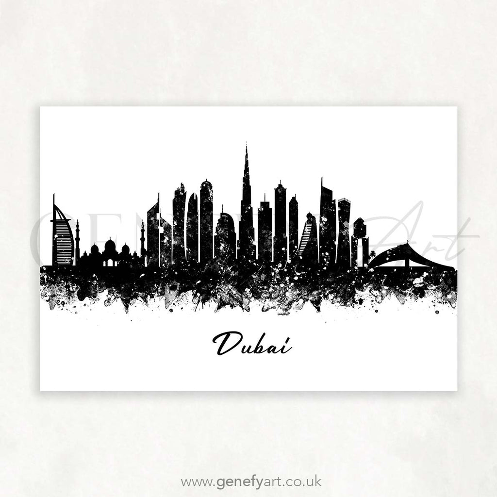 Dubai Skyline Black and White Watercolour Print - Genefy Art