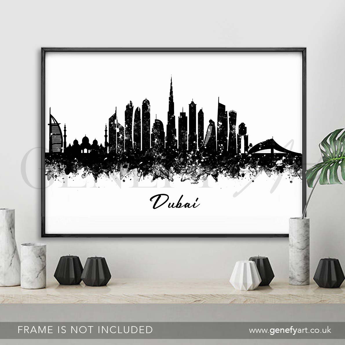 Dubai Skyline Black and White Watercolour Print - Genefy Art