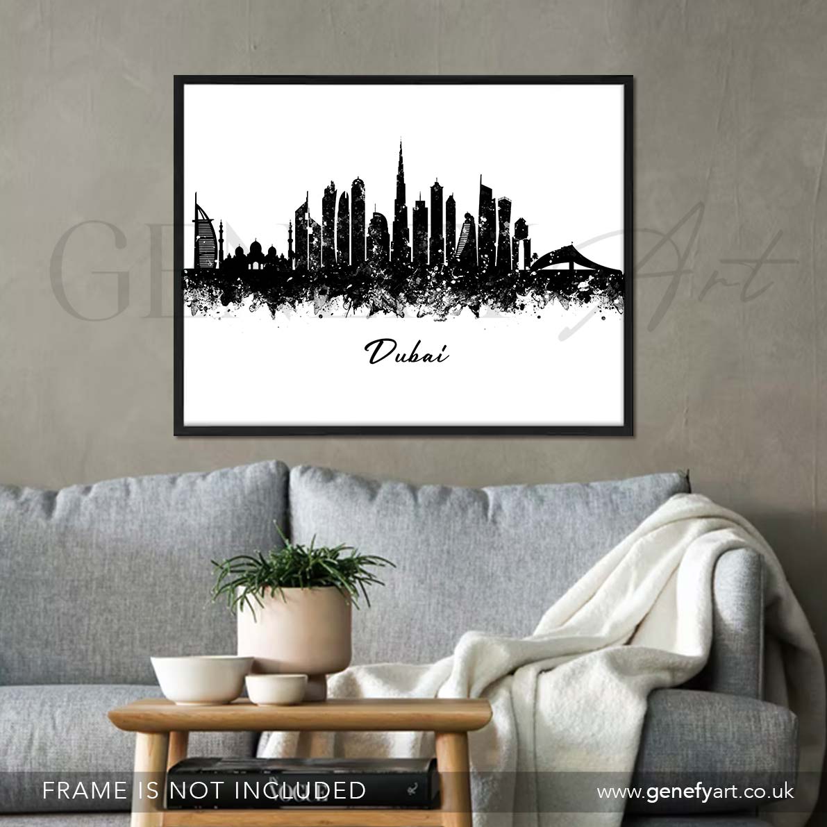 Dubai Skyline Black and White Watercolour Print - Genefy Art