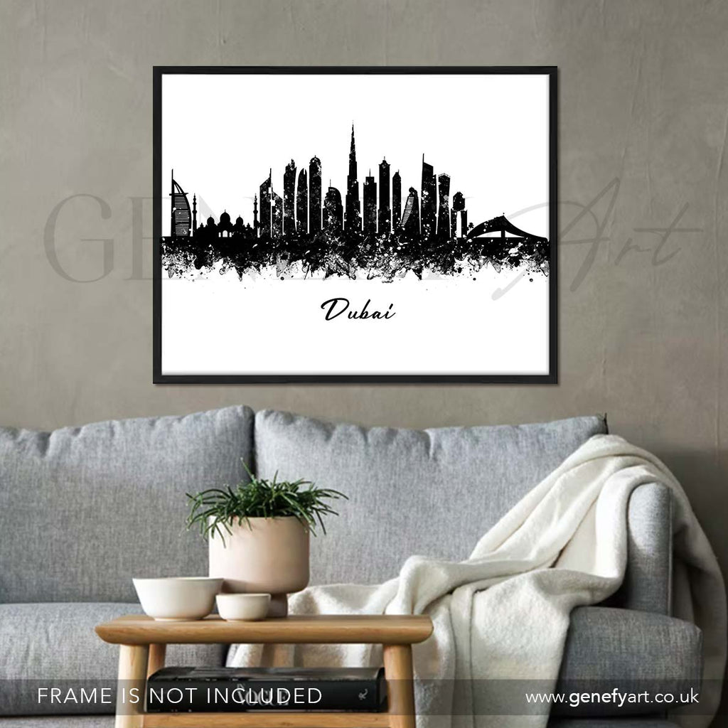 Dubai Skyline Black and White Watercolour Print - Genefy Art