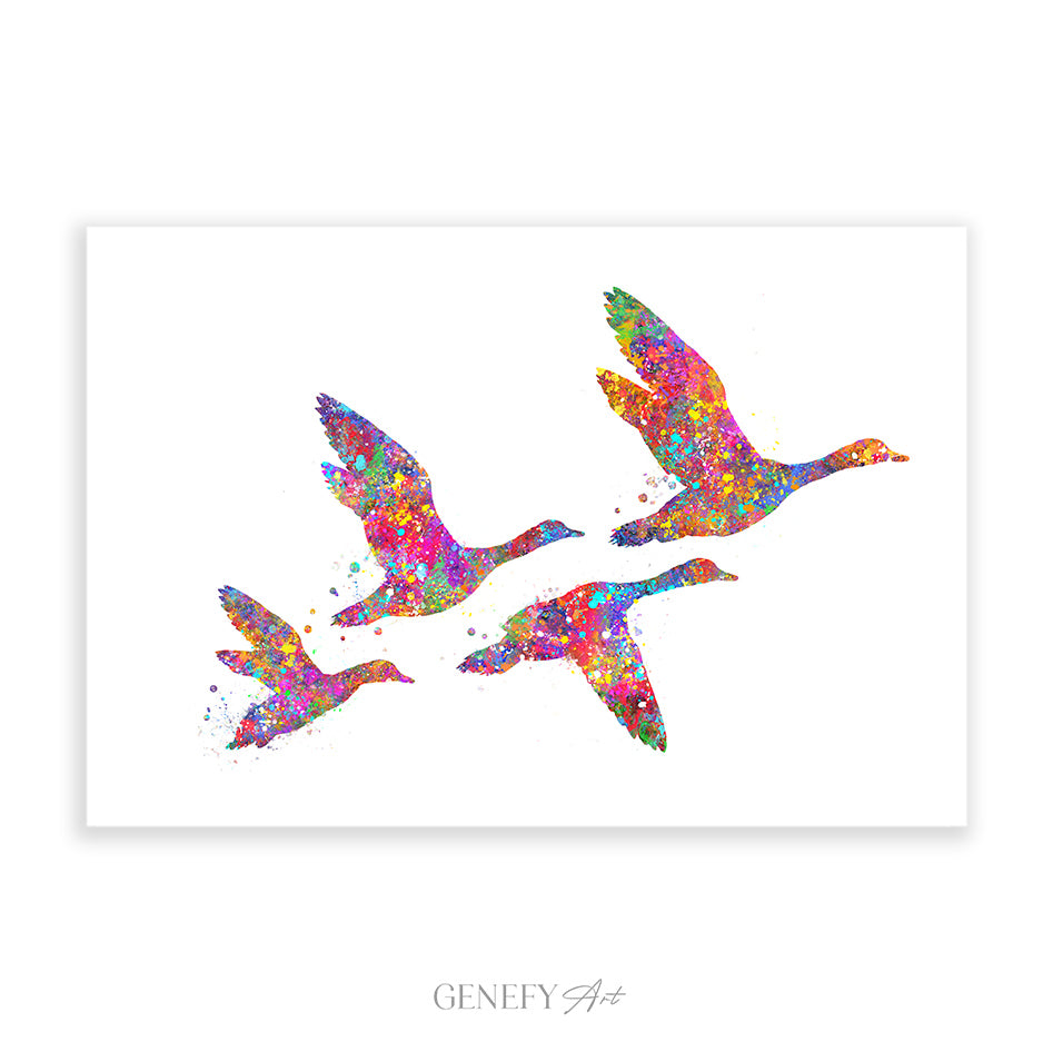 Duck Family of 4 Flying Watercolour Art Print