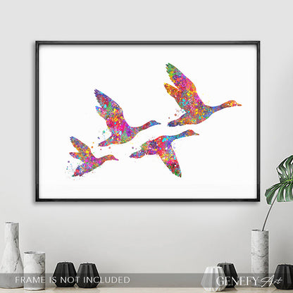Duck Family of 4 Flying Watercolour Art Print