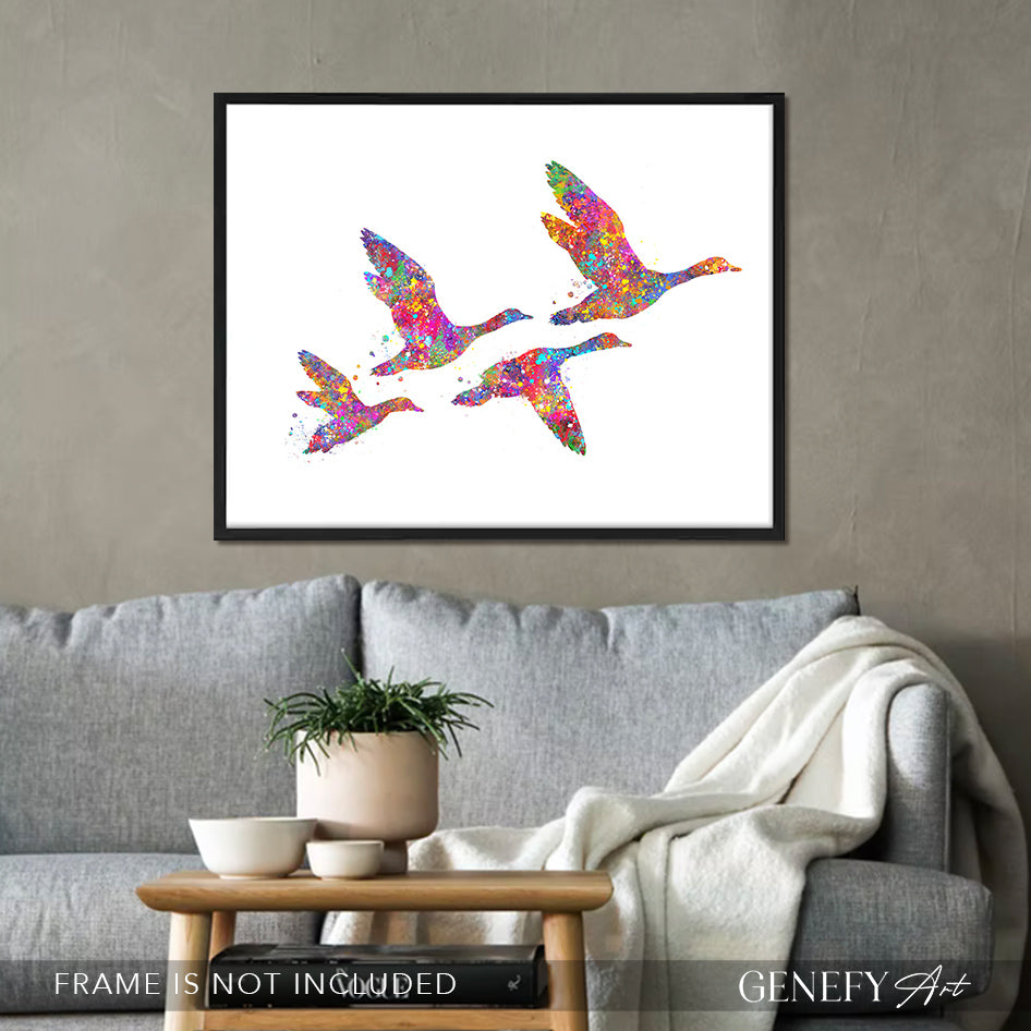 Duck Family of 4 Flying Watercolour Art Print