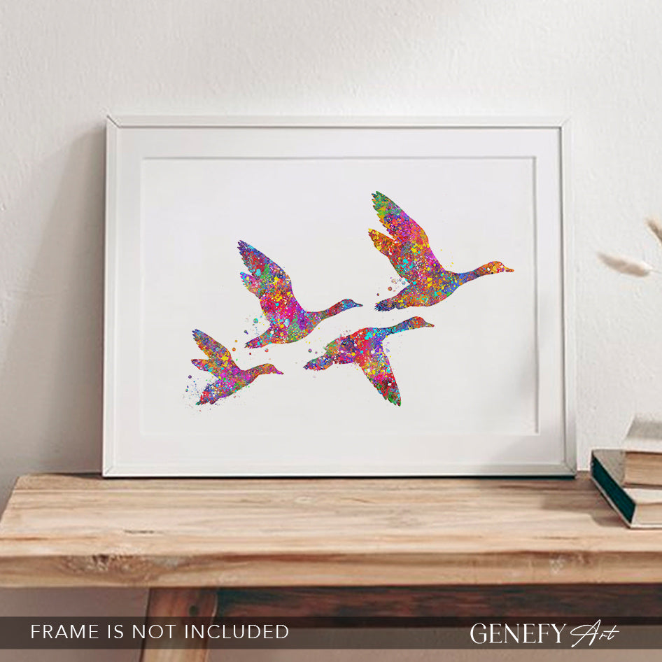Duck Family of 4 Flying Watercolour Art Print