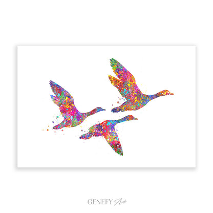 Duck Family of 3 Flying Watercolour Art Print