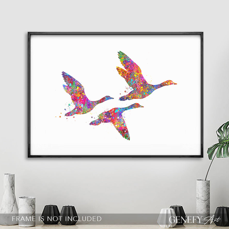 Duck Family of 3 Flying Watercolour Art Print