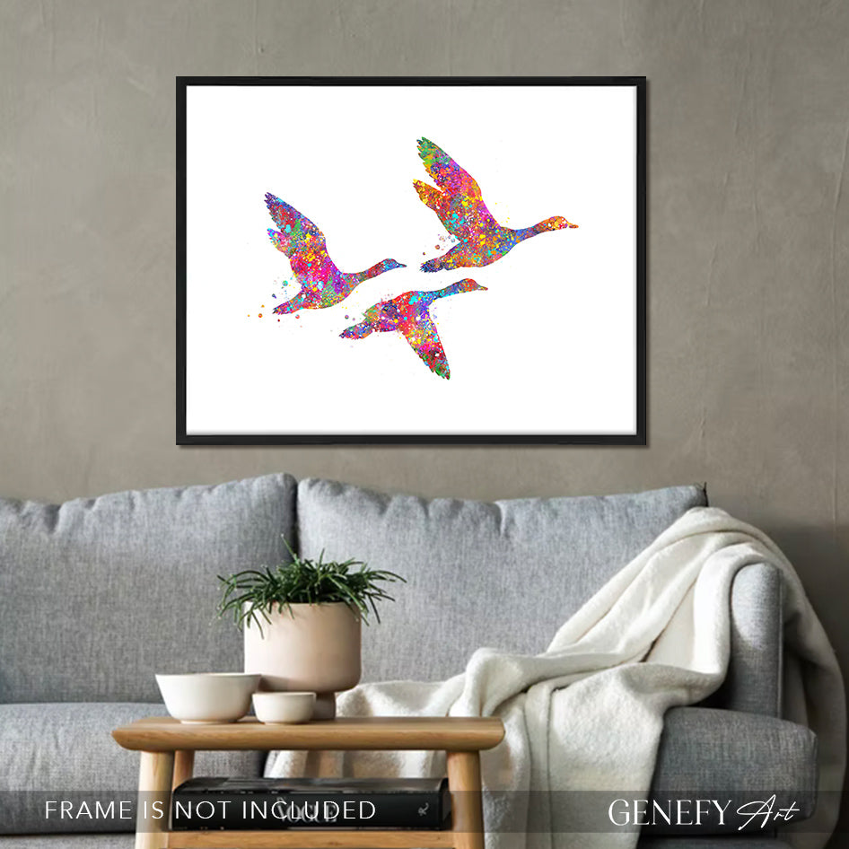 Duck Family of 3 Flying Watercolour Art Print
