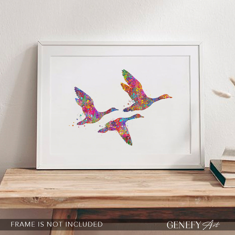 Duck Family of 3 Flying Watercolour Art Print