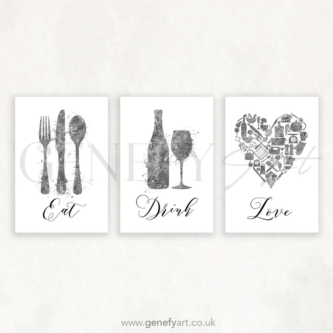 Grey Kitchen Watercolour Art - Set of 3