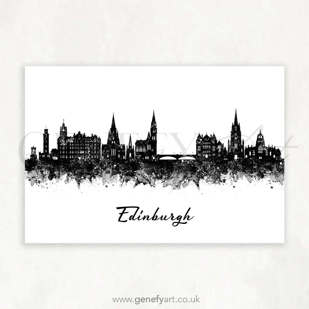 Edinburgh Skyline Black and White Watercolour Print - Genefy Art