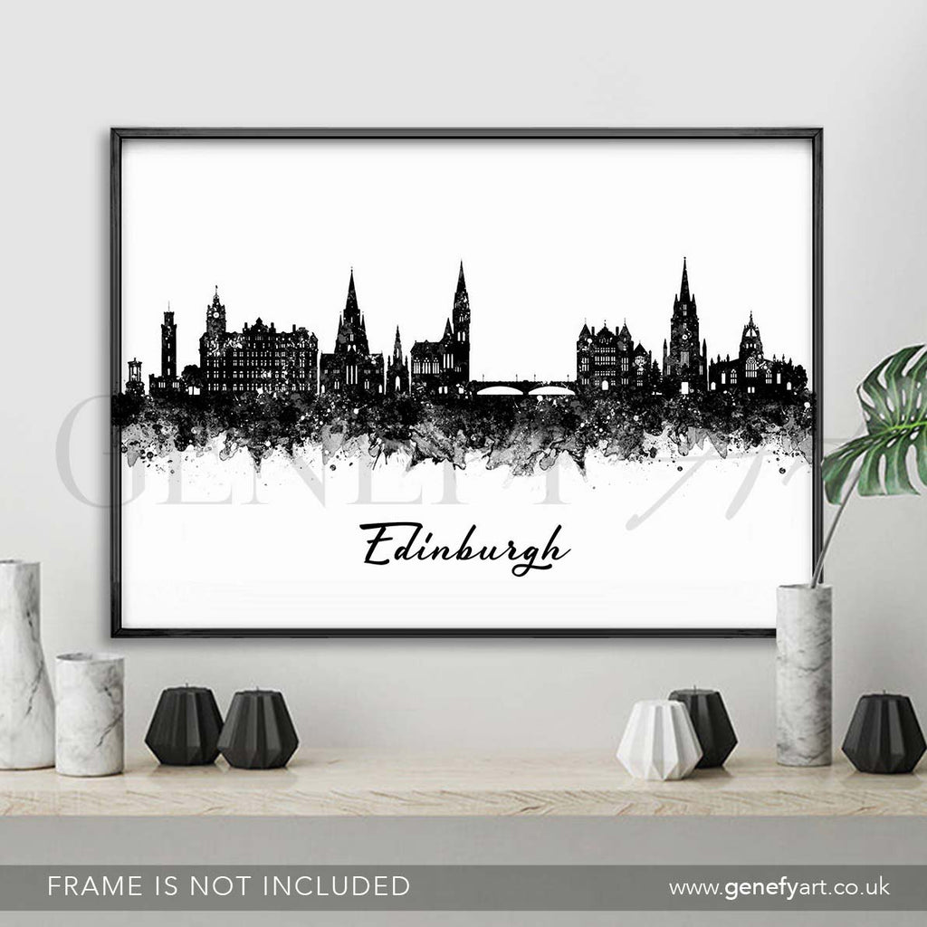 Edinburgh Skyline Black and White Watercolour Print - Genefy Art