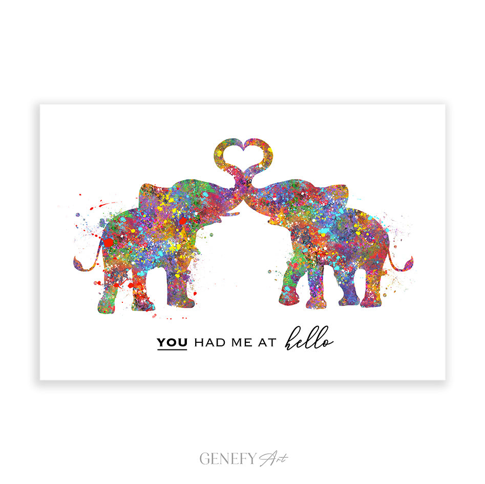 Watercolor illustration of two colorful elephants with intertwined trunks forming a heart shape, symbolizing love and connection – customizable art print for names or quotes.