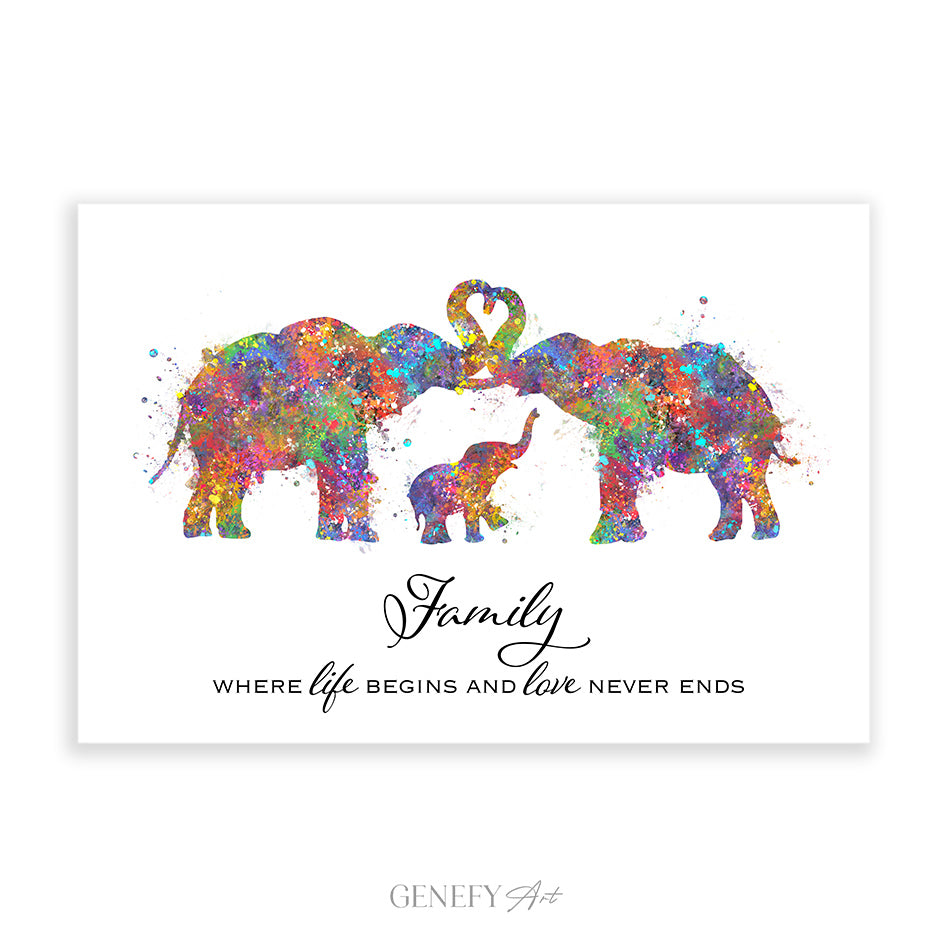 Elephant Family of 3 Quote Watercolour Print