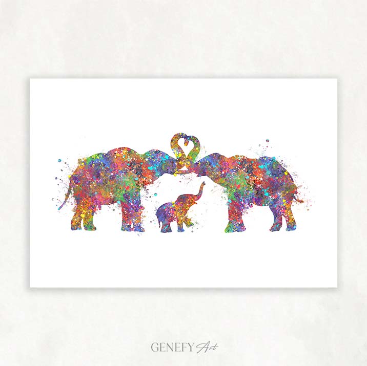 Elephant Family of 3 Watercolour Art - Genefy Art