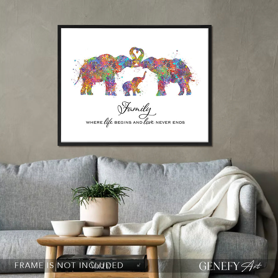 Elephant Family of 3 Quote Watercolour Print