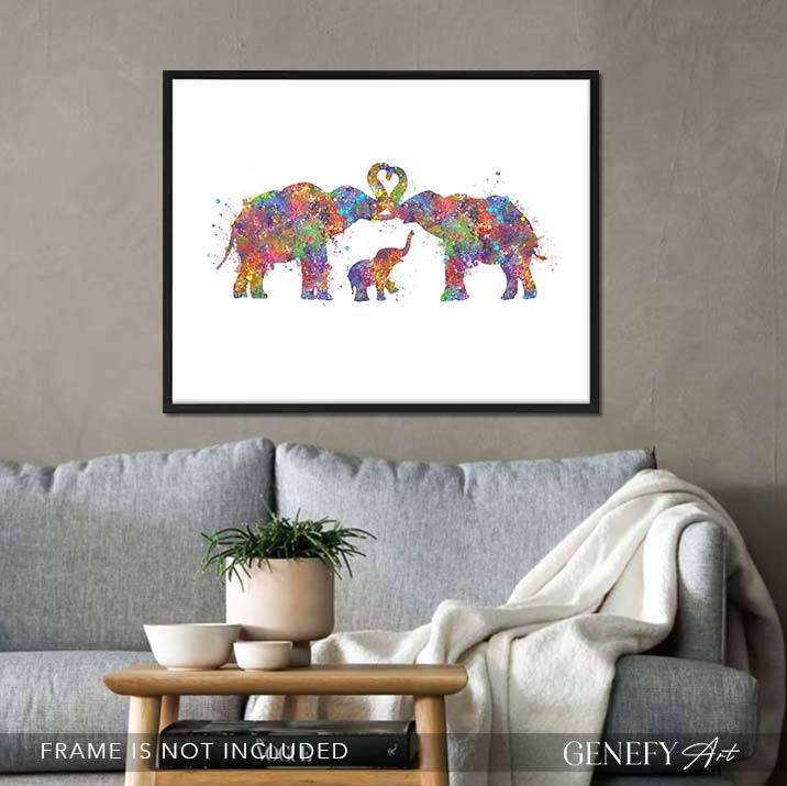 Elephant Family of 3 Watercolour Art - Genefy Art