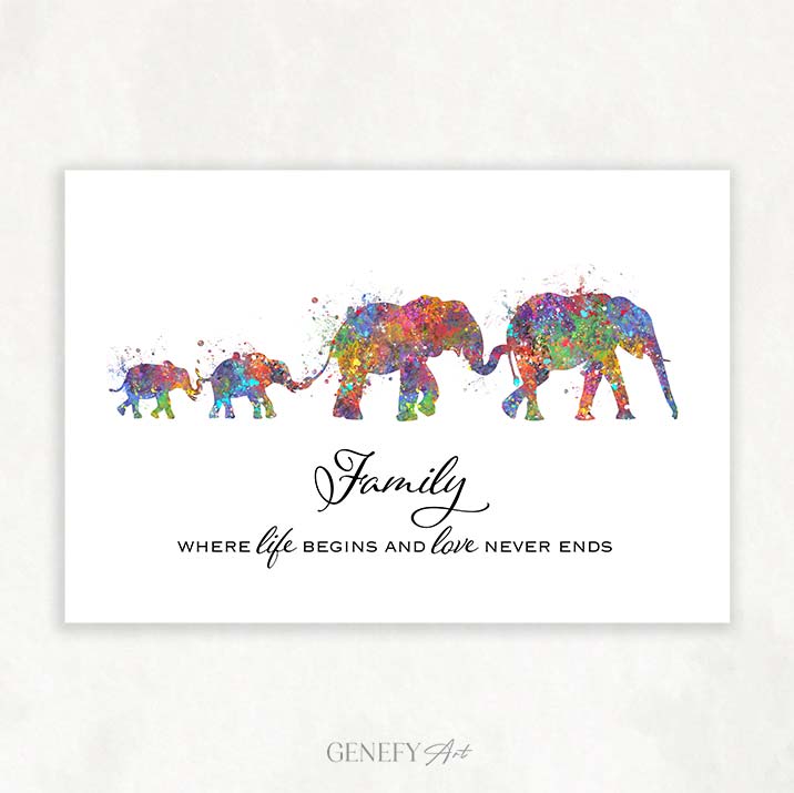 Elephant Family of 4 Quote Watercolour Print - Genefy Art
