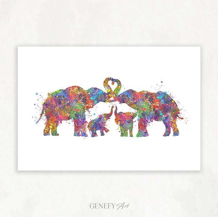 Elephant Family of 4 Watercolour Art - Genefy Art