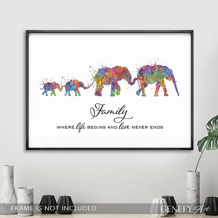 Elephant Family of 4 Quote Watercolour Print - Genefy Art
