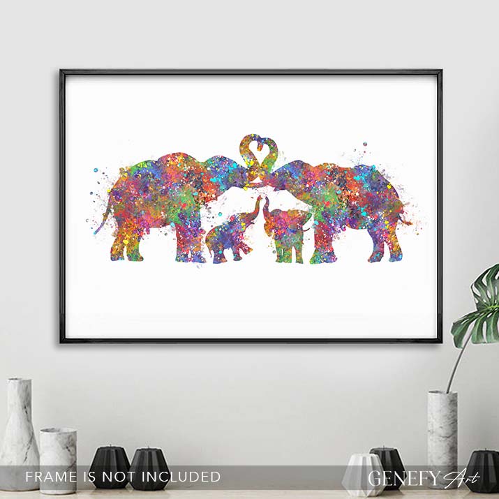 Elephant Family of 4 Watercolour Art - Genefy Art