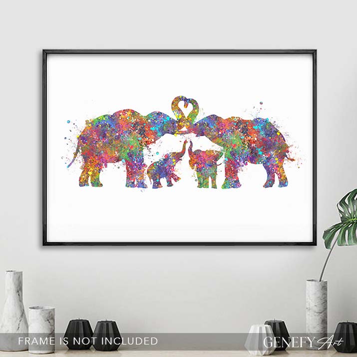 Elephant Family of 4 Watercolour Art - Genefy Art