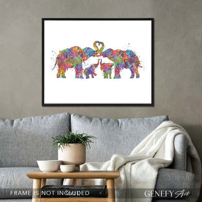 Elephant Family of 4 Watercolour Art - Genefy Art