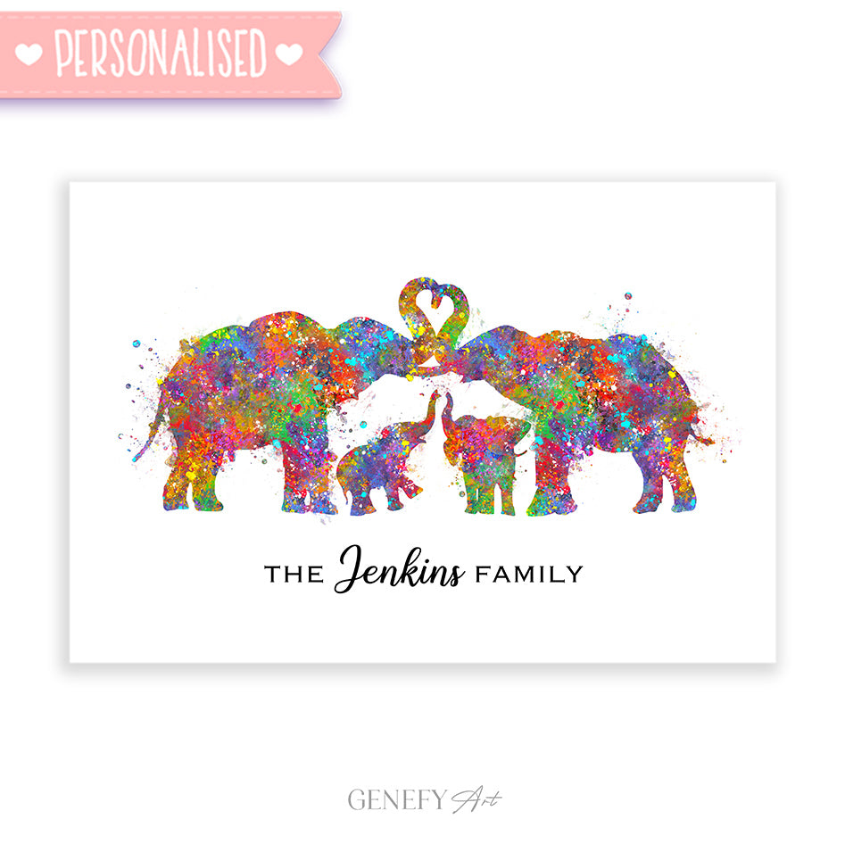 Personalised Elephant Family of 4 Art Print