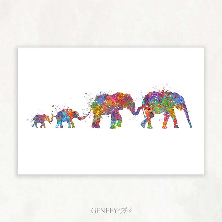 Elephant Herd Family of 4 Watercolour Art - Genefy Art