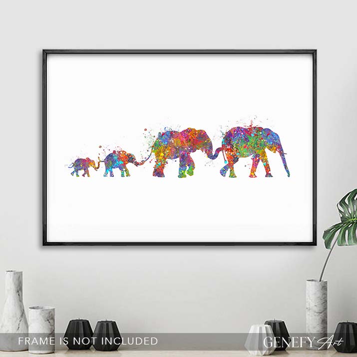 Elephant Herd Family of 4 Watercolour Art - Genefy Art