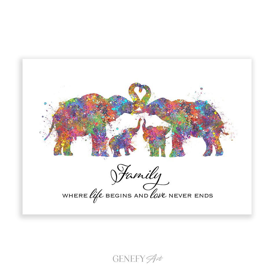 Elephant Family of 4 Quote Watercolour Print