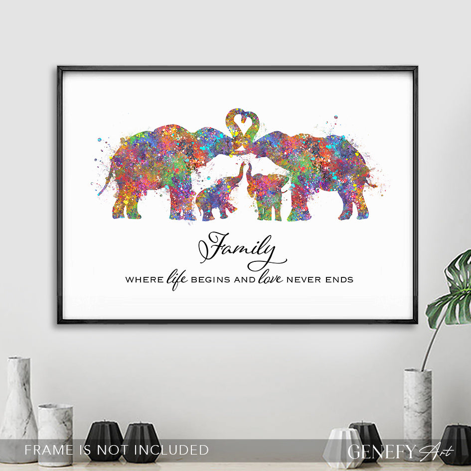 Elephant Family of 4 Quote Watercolour Print