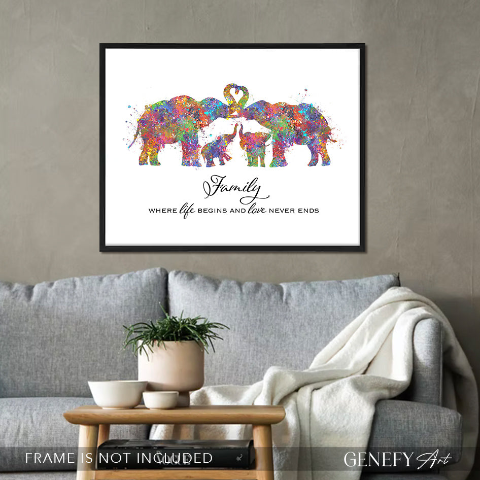 Elephant Family of 4 Quote Watercolour Print