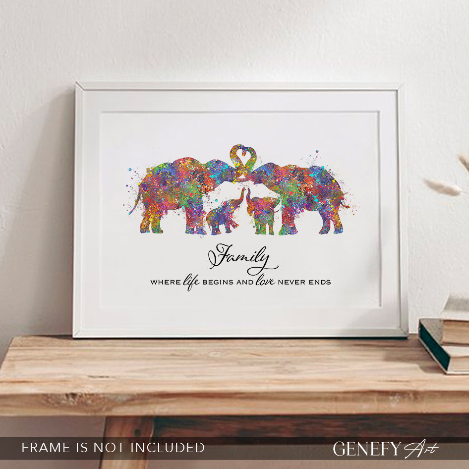 Elephant Family of 4 Quote Watercolour Print