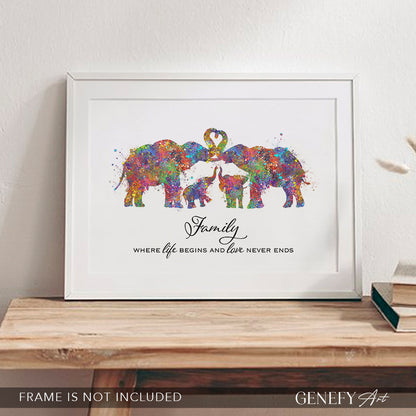 Elephant Family of 4 Quote Watercolour Print