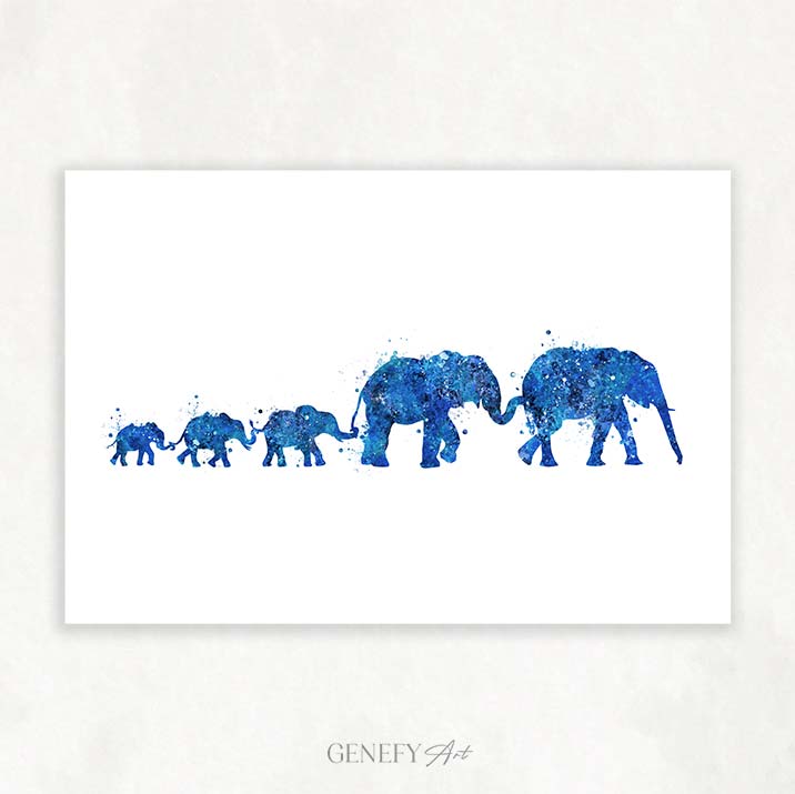 Elephant Herd Family of 5 Watercolour Art