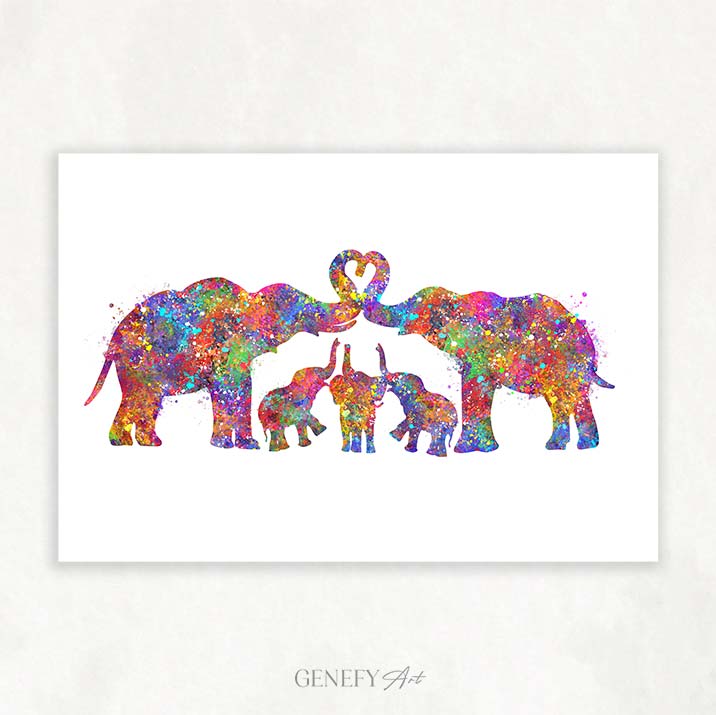 Elephant Herd Family of 5 Watercolour Art