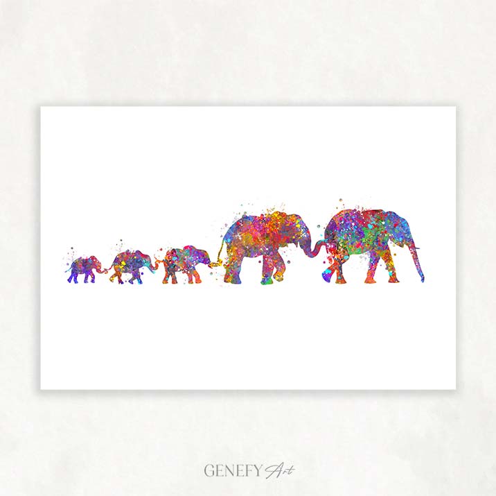 Elephant Herd Family of 5 Watercolour Art