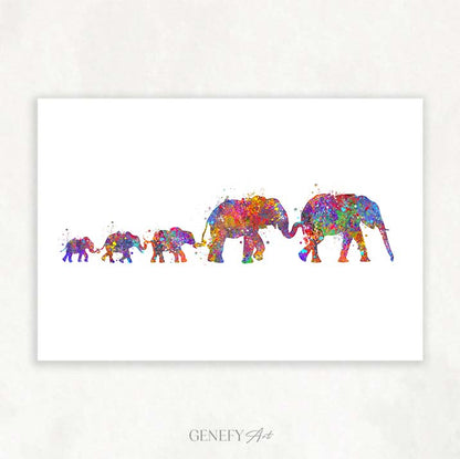 Elephant Herd Family of 5 Watercolour Art