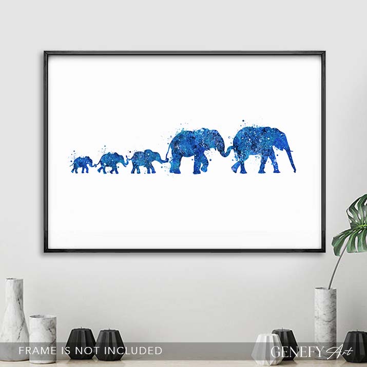 Elephant Herd Family of 5 Watercolour Art