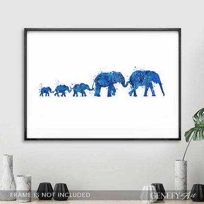 Elephant Herd Family of 5 Watercolour Art